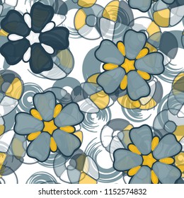 Seamless pattern. Large flowers lying on abstract translucent figures. In the background there are circles.