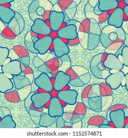 Seamless pattern. Large flowers lying on abstract translucent figures. In the background there are squares consisting of drops.