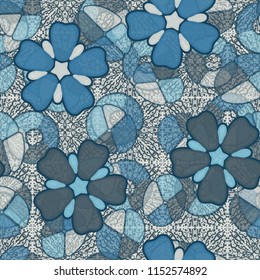 Seamless pattern. Large flowers lying on abstract translucent figures. In the background there are squares consisting of drops.
