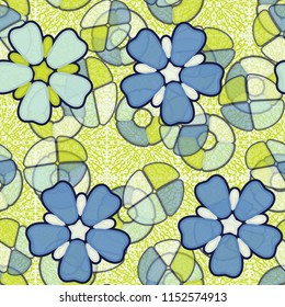 Seamless pattern. Large flowers lying on abstract translucent figures. In the background there are squares consisting of drops.