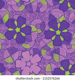 Seamless pattern. Large flowers lying on abstract translucent figures. In the background there are squares consisting of drops.