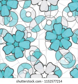 Seamless pattern. Large flowers lying on abstract translucent figures. In the background, a grid of curves showing an uneven line thickness.