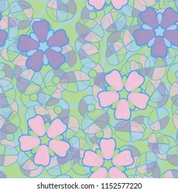 Seamless pattern. Large flowers lying on abstract translucent figures. In the background, a grid of curves showing an uneven line thickness.