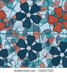 Seamless pattern. Large flowers lying on abstract translucent figures. In the background, a grid of curves showing an uneven line thickness.
