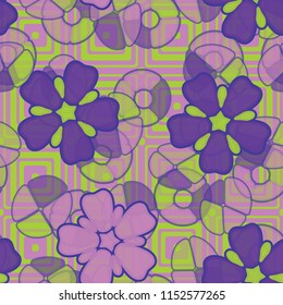 Seamless pattern. Large flowers lying on abstract translucent figures. In the background there are concentric squares.
