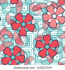 Seamless pattern. Large flowers lying on abstract translucent figures. In the background there are concentric squares.