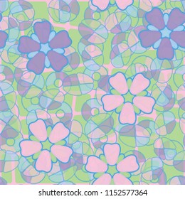 Seamless pattern. Large flowers lying on abstract translucent figures. In the background is a network of squares cut by oblique lines.