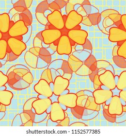 Seamless pattern. Large flowers lying on abstract translucent figures. In the background is a network of rectangles.