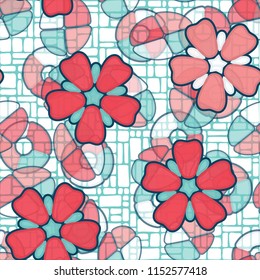 Seamless pattern. Large flowers lying on abstract translucent figures. In the background is a network of rectangles.