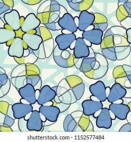 Seamless pattern. Large flowers lying on abstract translucent figures. In the background is a network of thick lines.