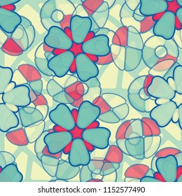 Seamless pattern. Large flowers lying on abstract translucent figures. In the background is a network of thick lines.