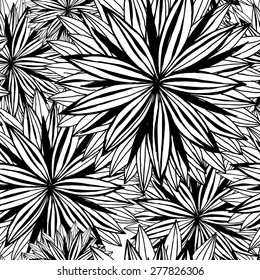 Seamless pattern of large flowers. Outline drawing made by hand. Black and white image.