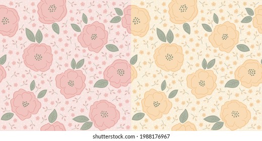 Seamless pattern of large flowers surrounded by small flowers, sprigs in pink and yellow variations.
