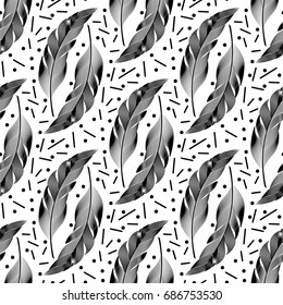 Seamless pattern with large fluffy curved feathers with sticks and lines. Vector outline illustration. Style engraving