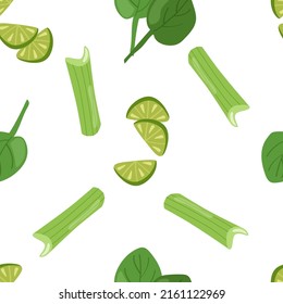 Seamless pattern with large fruits of green lime slices, celery, spinach leaves on a white background. Botanical vector illustration for printing on clothing, textiles, paper, fabric, packaging.