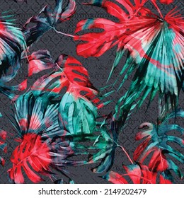 Patrón sin fisuras de hojas de gran tamaño de Hawai, coloridas, impresas, tejidos, papel pintado