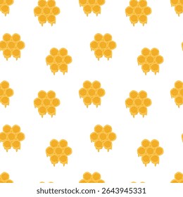 Seamless pattern with large honeycombs with honey flowing down, hand drawn with trendy textures. Image for printing on wrapping paper and canvas, for kids, poster or banner