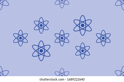 Seamless pattern of large isolated blue atomic symbols. The pattern is divided by a line of elements of lighter tones. Vector illustration on light blue background