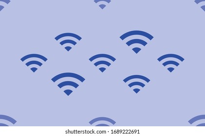 Seamless pattern of large isolated blue wifi symbols. The pattern is divided by a line of elements of lighter tones. Vector illustration on light blue background