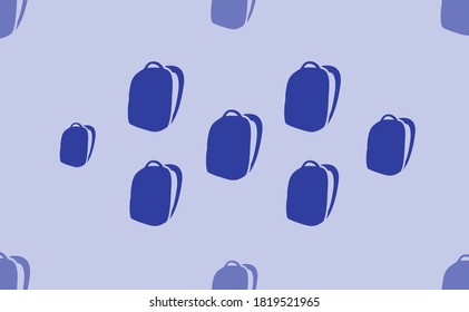 Seamless pattern of large isolated blue school bag symbols. The pattern is divided by a line of elements of lighter tones. Vector illustration on light blue background