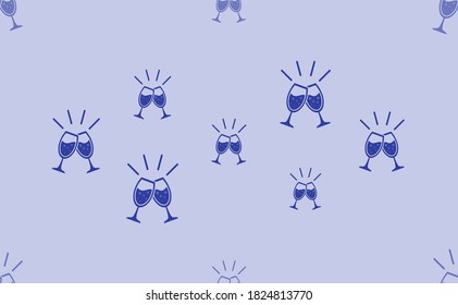Seamless pattern of large isolated blue champagne toast symbols. The pattern is divided by a line of elements of lighter tones. Vector illustration on light blue background