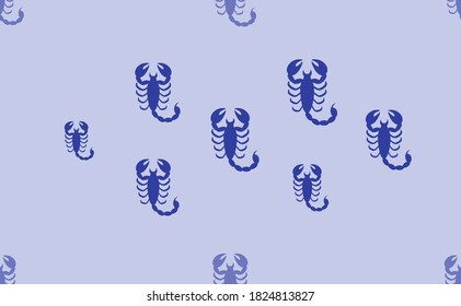 Seamless pattern of large isolated blue scorpio symbols. The pattern is divided by a line of elements of lighter tones. Vector illustration on light blue background