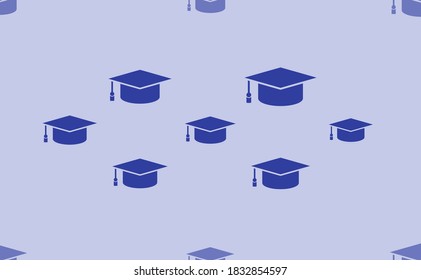 Seamless pattern of large isolated blue square academic cap symbols. The pattern is divided by a line of elements of lighter tones. Vector illustration on light blue background