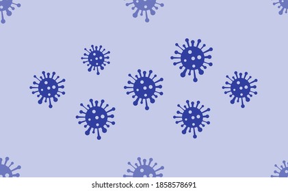 Seamless pattern of large isolated blue coronavirus symbols. The pattern is divided by a line of elements of lighter tones. Vector illustration on light blue background