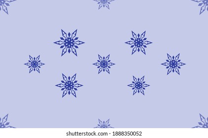 Nahtlose Muster großer, isolierter blauer Schneeflocken. Das Muster wird durch eine Linie von Elementen mit helleren Tönen geteilt. Vektorgrafik auf hellblauem Hintergrund