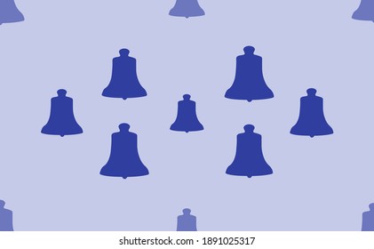 Seamless pattern of large isolated blue vintage bell symbols. The pattern is divided by a line of elements of lighter tones. Vector illustration on light blue background