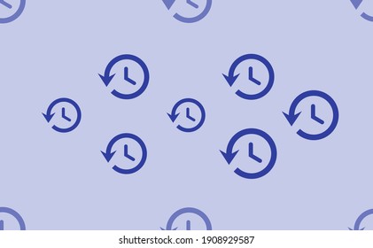 Seamless pattern of large isolated blue time back symbols. The pattern is divided by a line of elements of lighter tones. Vector illustration on light blue background