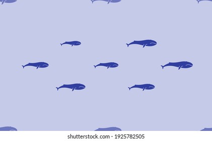 Seamless pattern of large isolated blue whale symbols. The pattern is divided by a line of elements of lighter tones. Vector illustration on light blue background