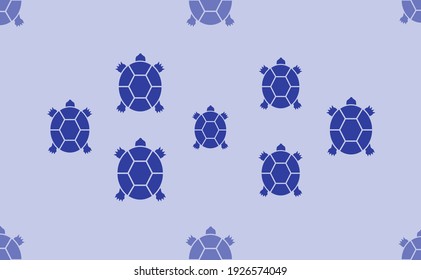 Seamless pattern of large isolated blue turtle symbols. The pattern is divided by a line of elements of lighter tones. Vector illustration on light blue background