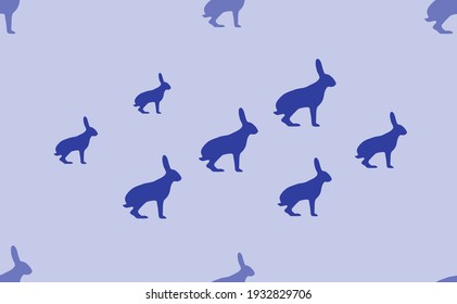 Seamless pattern of large isolated blue hare symbols. The pattern is divided by a line of elements of lighter tones. Vector illustration on light blue background