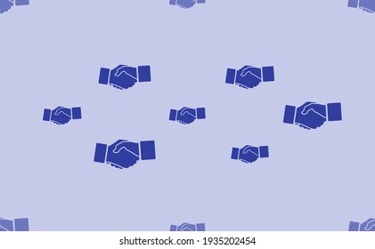 Seamless pattern of large isolated blue handshake symbols. The pattern is divided by a line of elements of lighter tones. Vector illustration on light blue background