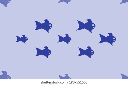 Seamless pattern of large isolated blue gold fish symbols. The pattern is divided by a line of elements of lighter tones. Vector illustration on light blue background