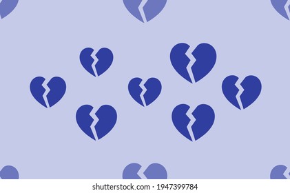 Seamless pattern of large isolated blue broken heart symbols. The pattern is divided by a line of elements of lighter tones. Vector illustration on light blue background