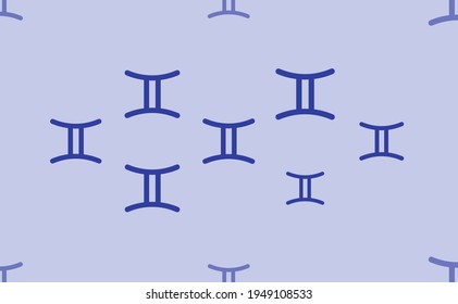 Seamless pattern of large isolated blue zodiac gemini symbols. The pattern is divided by a line of elements of lighter tones. Vector illustration on light blue background