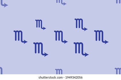 Seamless pattern of large isolated blue zodiac scorpio symbols. The pattern is divided by a line of elements of lighter tones. Vector illustration on light blue background