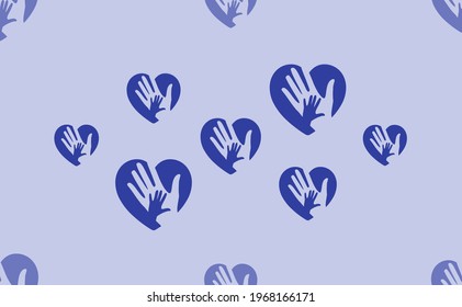 Seamless pattern of large isolated blue mom with baby symbols. The pattern is divided by a line of elements of lighter tones. Vector illustration on light blue background