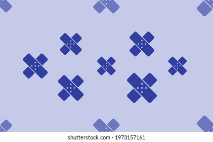 Seamless pattern of large isolated blue adhesive plaster symbols. The pattern is divided by a line of elements of lighter tones. Vector illustration on light blue background