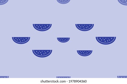 Seamless pattern of large isolated blue watermelon piece symbols. The pattern is divided by a line of elements of lighter tones. Vector illustration on light blue background