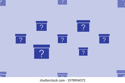 Seamless pattern of large isolated blue gift box with a question symbols. The pattern is divided by a line of elements of lighter tones. Vector illustration on light blue background