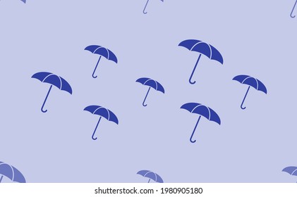 Seamless pattern of large isolated blue umbrella symbols. The pattern is divided by a line of elements of lighter tones. Vector illustration on light blue background