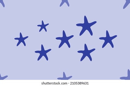 Seamless pattern of large isolated blue starfish symbols. The pattern is divided by a line of elements of lighter tones. Vector illustration on light blue background