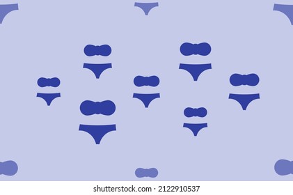 Seamless pattern of large isolated blue bikini symbols. The pattern is divided by a line of elements of lighter tones. Vector illustration on light blue background