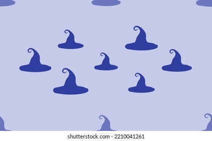 Seamless pattern of large isolated blue witch hat symbols. The pattern is divided by a line of elements of lighter tones. Vector illustration on light blue background