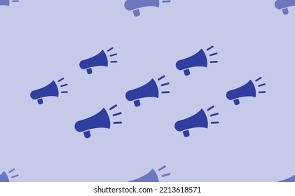Seamless pattern of large isolated blue megaphone symbols. The pattern is divided by a line of elements of lighter tones. Vector illustration on light blue background