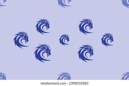 Seamless pattern of large isolated blue dragon's head symbols. The pattern is divided by a line of elements of lighter tones. Vector illustration on light blue background