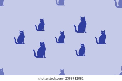 Seamless pattern of large isolated blue cat icons. The pattern is divided by a line of elements of lighter tones. Vector illustration on light blue background